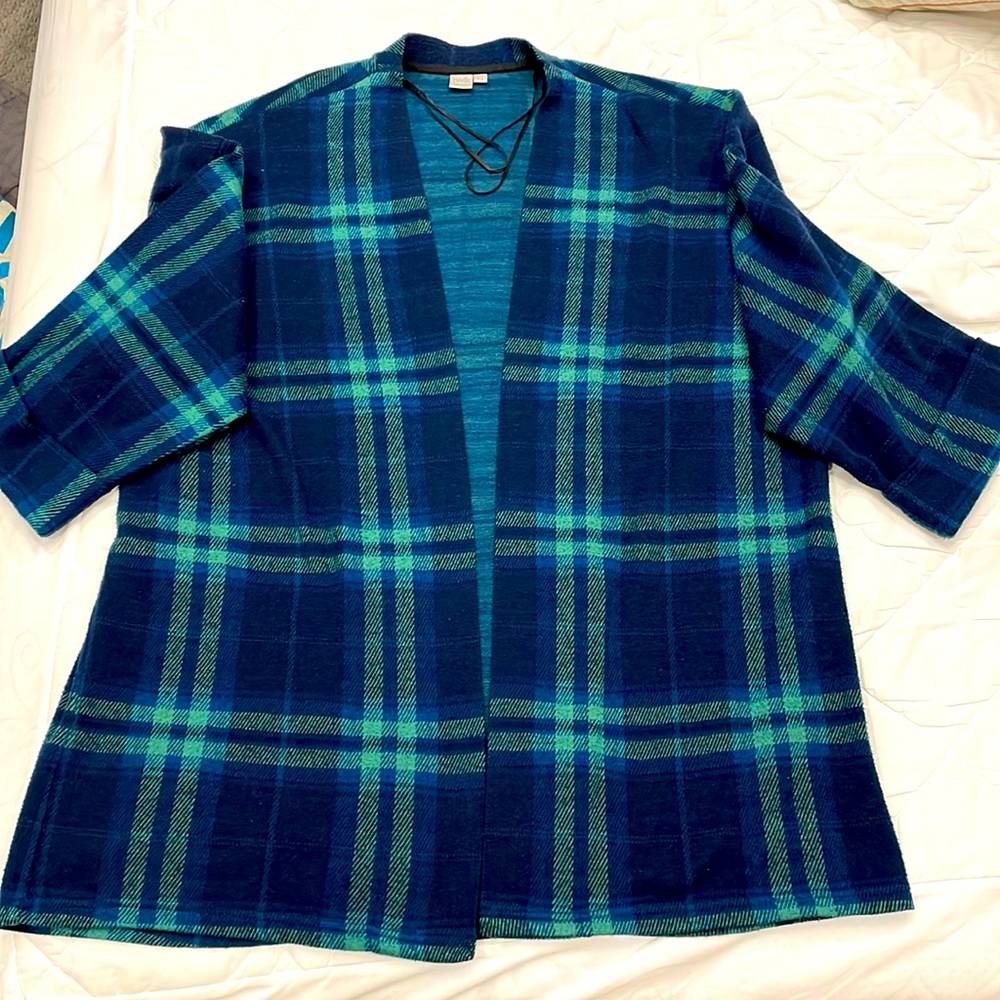 Long cardigan green and blue plaid, Twik size small